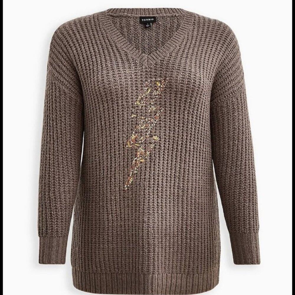 NWT TORRID Taupe/Grey Chunky Knit V-Neck Lightning Bolt Sweater